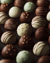 An assortment of beautifully crafted chocolate truffles in various flavors and designs, creating a...