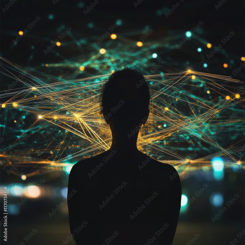 Wall mural silhouette of a person viewing a glowing network of data and connections