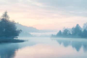 Fototapeta premium Ethereal mist over a tranquil river at dawn, with soft pastel hues in the sky. Nature and Serenity mockup