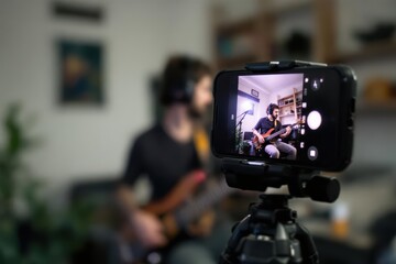 Tripod with cellphone screen representing photography of male musician in headset playing bass guitar in house