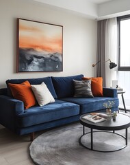 Fototapeta premium Modern Living Room Interior Design Featuring Blue Velvet Sofa