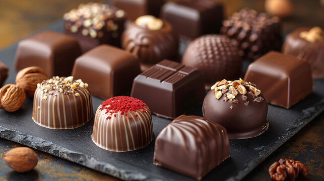 An arrangement of various gourmet chocolates and pralines showcasing different textures and tastes