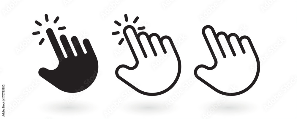 Aufkleber Cursor icons set in hand, arrow forms, mouse click cursor set, arrow and hand pointer. Computer mouse click cursor gray arrow icons set and loading icons. Cursor icon. Computer click icon.