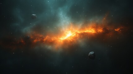 Fototapeta premium Fiery cosmic nebula with asteroids.