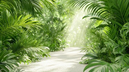 Obraz premium Lush Green Jungle Pathway Surrounded by Vibrant Tropical Foliage and Sunlight Streaming Through