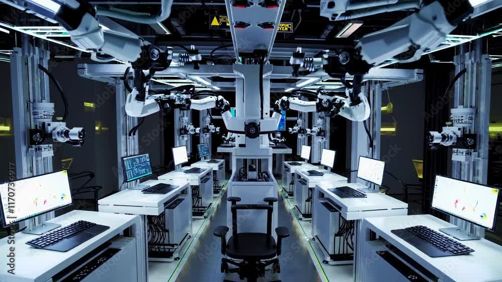 Poster advanced robotics laboratory showcasing automated machinery and intricate design