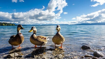 Fototapeta premium A Trio of Ducks on Lake Taupo, New Zealand