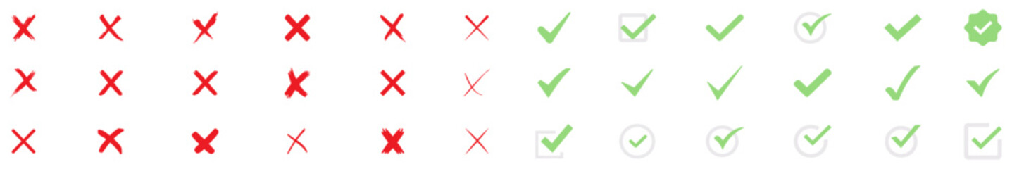 Check mark icon button set. Check box icon with right and wrong buttons and yes or no checkmark icons in green tick box and red cross. Green check mark and red cross icon set, circle and square. EPS © Yana