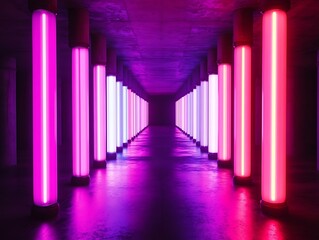 Neon illuminated columns line a futuristic corridor