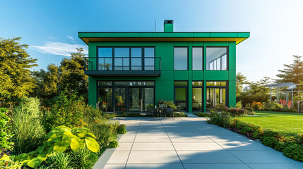 Contemporary emerald-green house with two stories, large windows, and a small balcony, set against vibrant green landscaping and a light-gray paved walkway.