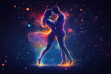 Obraz premium Vibrant Silhouette of a Couple Embracing with Colorful Light Effects