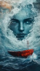 A stormy ocean with a ships face in the clouds