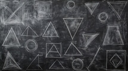 The blackboard in the classroom consists entirely of geometric shapes and geometry lesson tools. Triangles, quadrilaterals, rectangles, pentagons, circles and other shapes. 