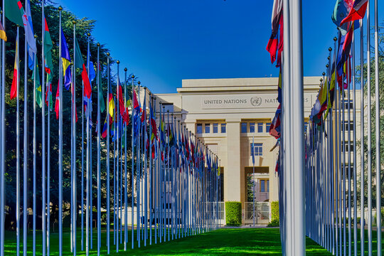 geneva, switzerland - 08 September 2022: national flags of the member states outside the palace of nations of the united nations