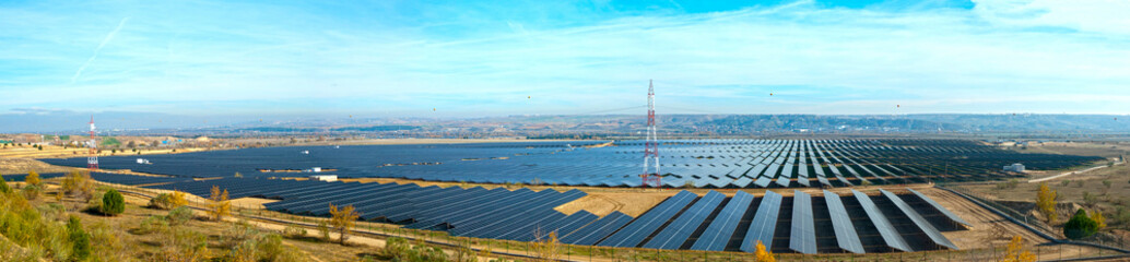 Panoramic view of photovoltaic solar plant Madrid-Barajas international airport.