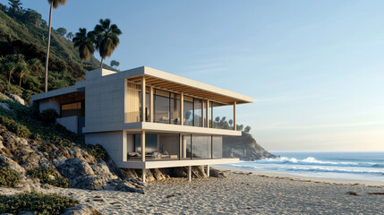 Fototapeta premium Modern beach house situated on a hillside overlooking the ocean.