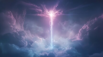 A purple and blue sky with a bright light in the middle