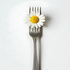 White background, stainless steel fork with a daisy flower on it, simple and minimalist style, professional photography, sharp focus,