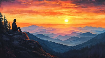 Stunning Mountain Sunset with Silhouette of Person Sitting on Cliff