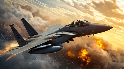 F 15 eagle fighter jet flying over clouds at sunset during military operation
