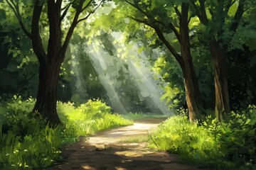 Obraz premium Sunlit Path Through Lush Green Forest Digital Painting of a Serene Woodland Trail