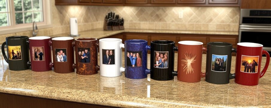 A row of personalized mugs featuring photos displayed on a kitchen countertop.