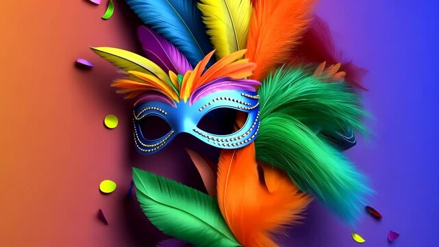 Colorful background with a blue mask on top. The mask is surrounded by colorful feathers and confetti. Scene is festive and celebratory