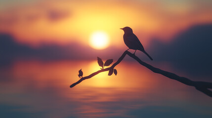 Obraz premium Bird perched on a branch singing at dawn, with a glowing horizon in the background. Nature and Serenity mockup, free space for text