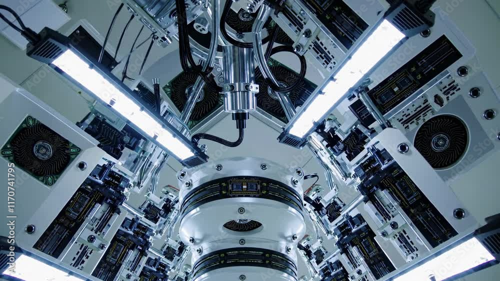 Poster inside a high-tech laboratory showcasing advanced machinery and innovative technologies
