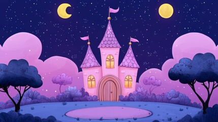 Fototapeta premium Magical pink castle at night with stars, moon, and whimsical clouds in a dreamy landscape