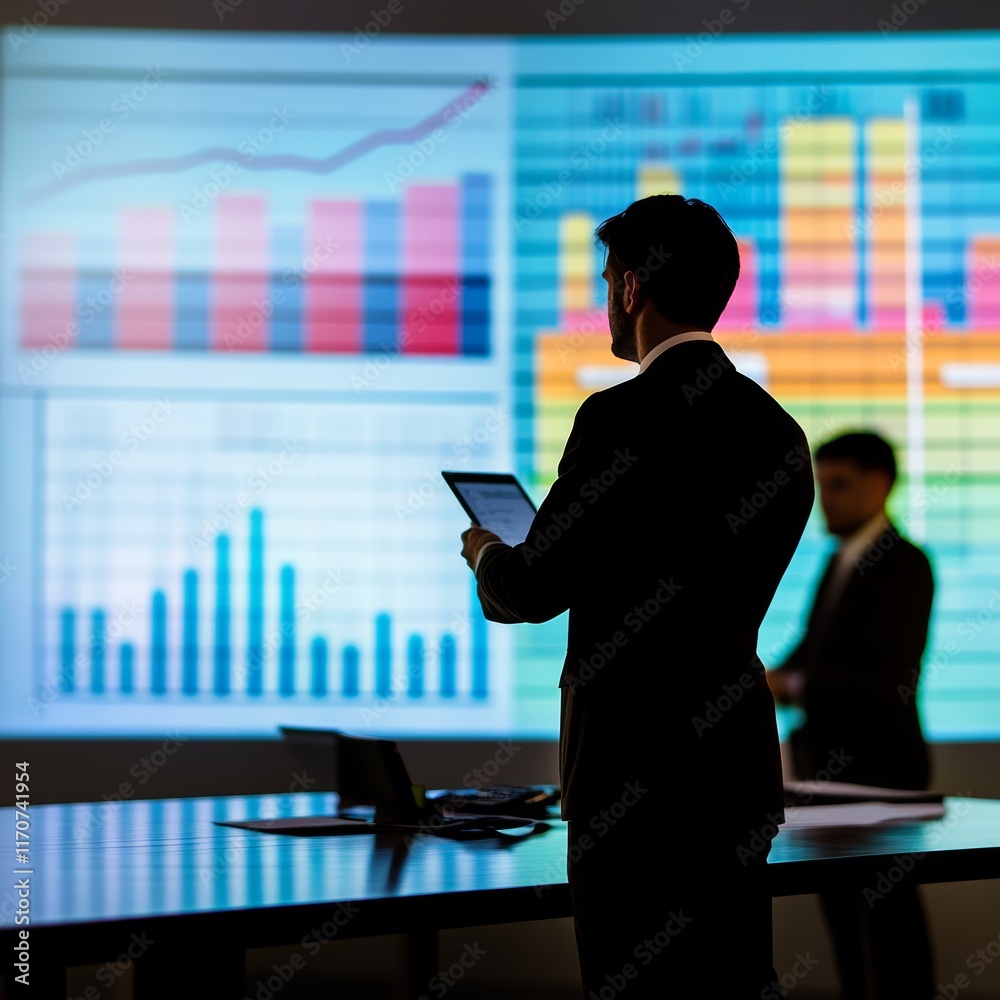 Poster a man is looking at a large screen with many graphs and numbers