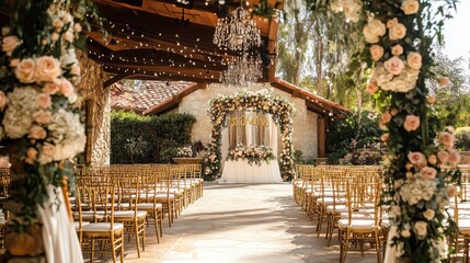 Fototapeta premium Exquisite Outdoor Wedding Ceremony Setup Floral Arch, Gold Chiavari Chairs, and Romantic Ambiance