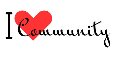 I love Community creative slogan. Hand drawn letters with red heart. Vector illustration, lettering in modern design