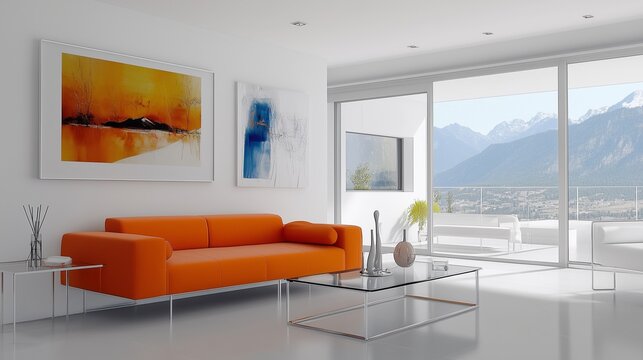 A chic living room with white walls, a vibrant orange sofa, and a minimalist glass coffee table. The room has contemporary art and large windows with a view of the mountains.