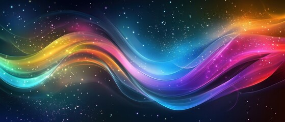 Fototapeta premium Vibrant Rainbow Wave Abstract Background with Sparkling Lights and Galaxy Effect - Digital Art