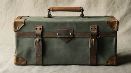 Vintage green travel suitcase with leather accents made for adventurous journeys in a bygone era....