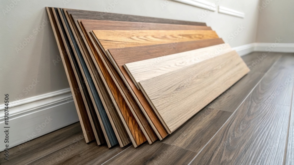 Poster a carefully arranged stack of vinyl planks rests against a wall showcasing various hues that blend s