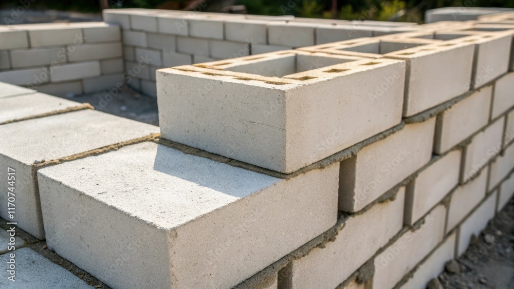 Poster A close composition of cement blocks positioned in an innovative pattern showcasing their pristine edges and the creamy mortar accentuating the joints. The interplay of light and