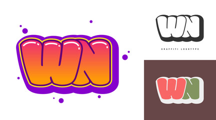 WN logo design for festival or party. Initial letter w and n in graffiti style. Creative modern lettering company name of font typography. Kids trendy logotype or identity.