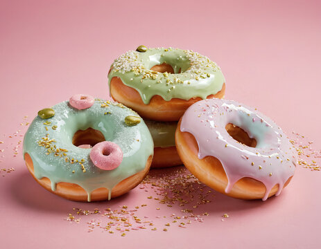 Illustration 3D de beignets en porcelaine &eacute;maill&eacute;e orn&eacute;s de p&eacute;pites d'or chatoyantes et de couleurs pastel