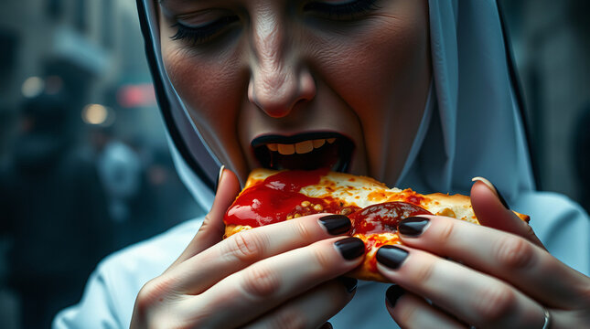 A woman in a white hooded garment enjoys a slice of pizza. The image is a close up of her face, with a blurry background of a city street.