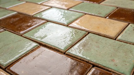 A close inspection of vintagestyle earthenware tiles presenting a muted palette of earthy browns and soft greens. The textured surfaces exhibit a blend of gloss and matte finishes