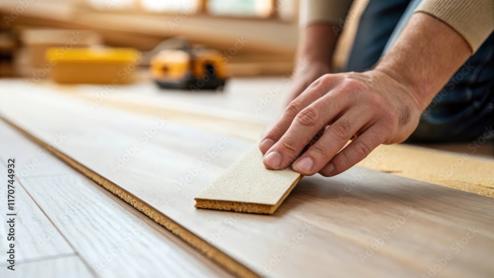 Poster a close shot of a hand holding a strip of sandpaper poised to begin smoothing a section of unfinishe