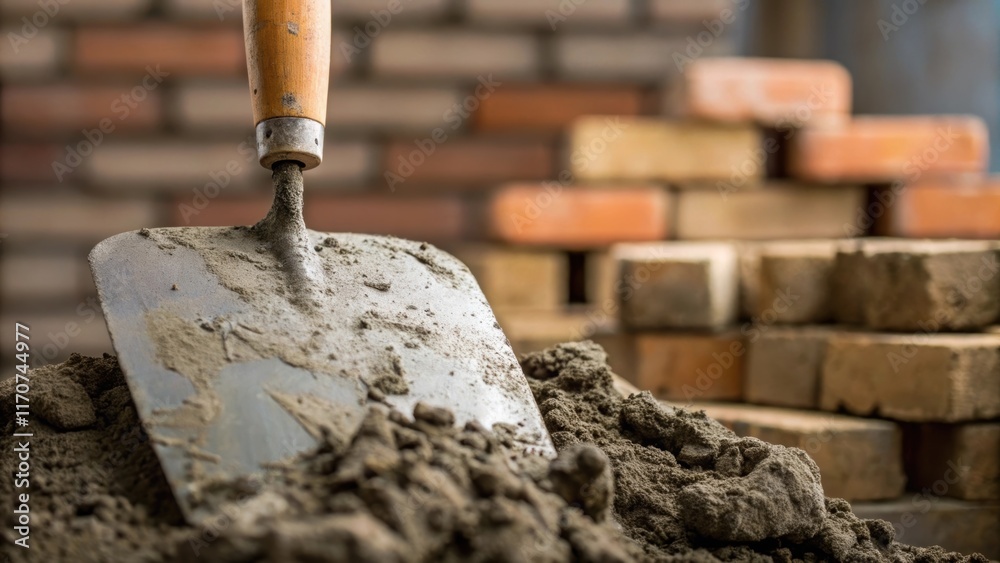 Fototapete a closeup angle captures the gritty texture of a weathered trowel pressing into a pile of wet mortar