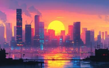 Fototapeta premium Vibrant Sunset over Futuristic Cityscape Stunning Digital Art of Modern Metropolis at Golden Hour