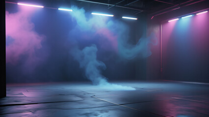 A dark, empty street with abstract blue asphalt serves as a backdrop for a studio room with neon lights, spotlights, and smoke, creating an interior texture for product displays