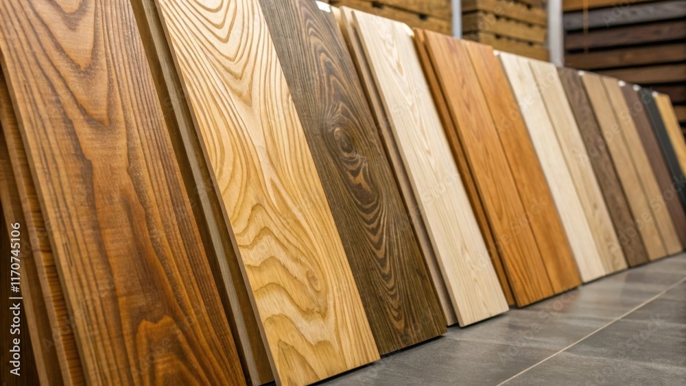 Poster A closeup capturing the natural variations in the wood color and texture across multiple CLT panels displayed upright. The image immerses the viewer in the organic beauty of the