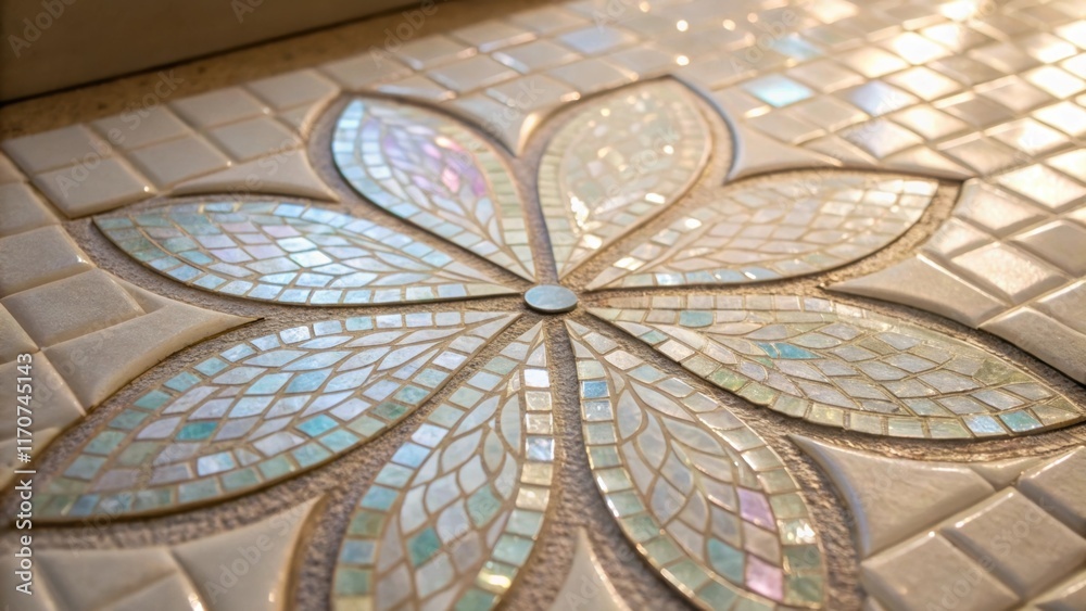 Poster a closeup detail of a stylized floral motif formed with tiny iridescent mosaic tiles. the light danc