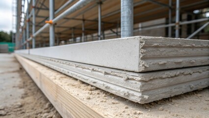 A closeup detail of the fiber cement panels where they meet the ground with a hint of dust settling on the lower edge. The rugged texture of the panel contrasts against the smooth