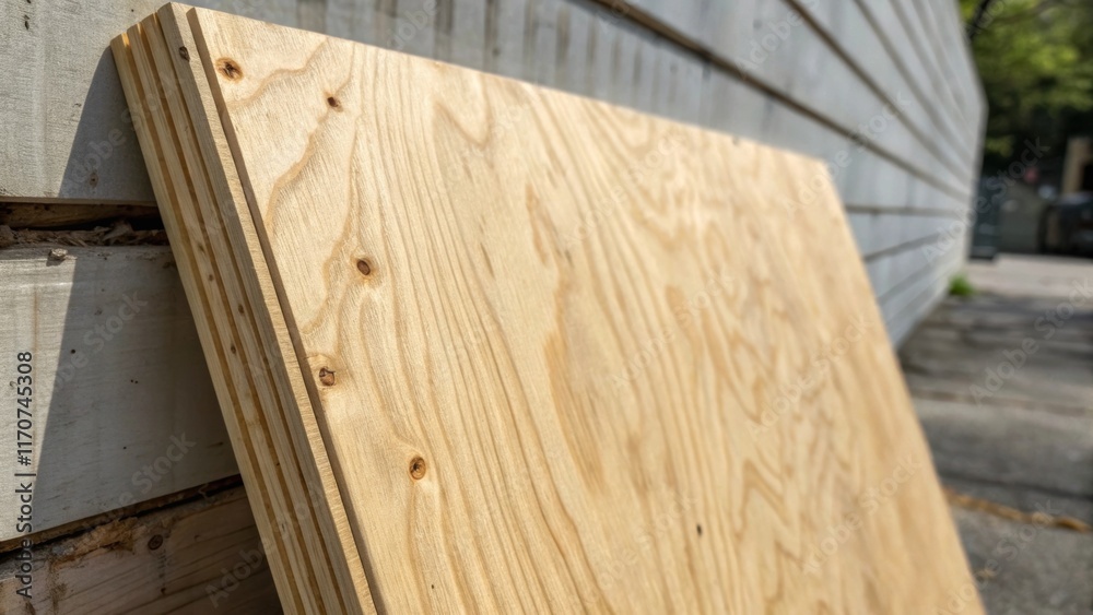 Poster A closeup image featuring the grain patterns of a single plywood panel mounted vertically with detailed textures visible where the light catches the contours and highlights small